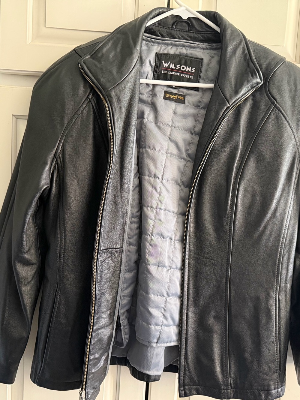 Ladies black leather zip front jacket